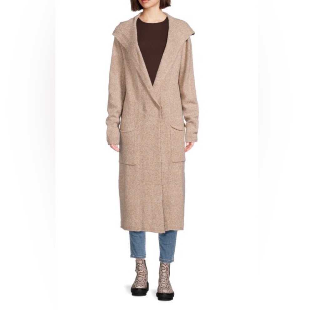 Renee C. Beige Hooded Long Wool Blend Cardigan
